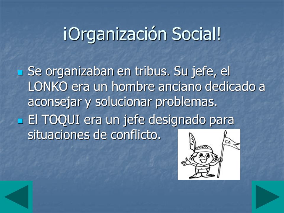 ¡Organización Social! Se organizaban en tribus. Su jefe, el LONKO era un hombre anciano dedicado a aconsejar y solucionar problemas.