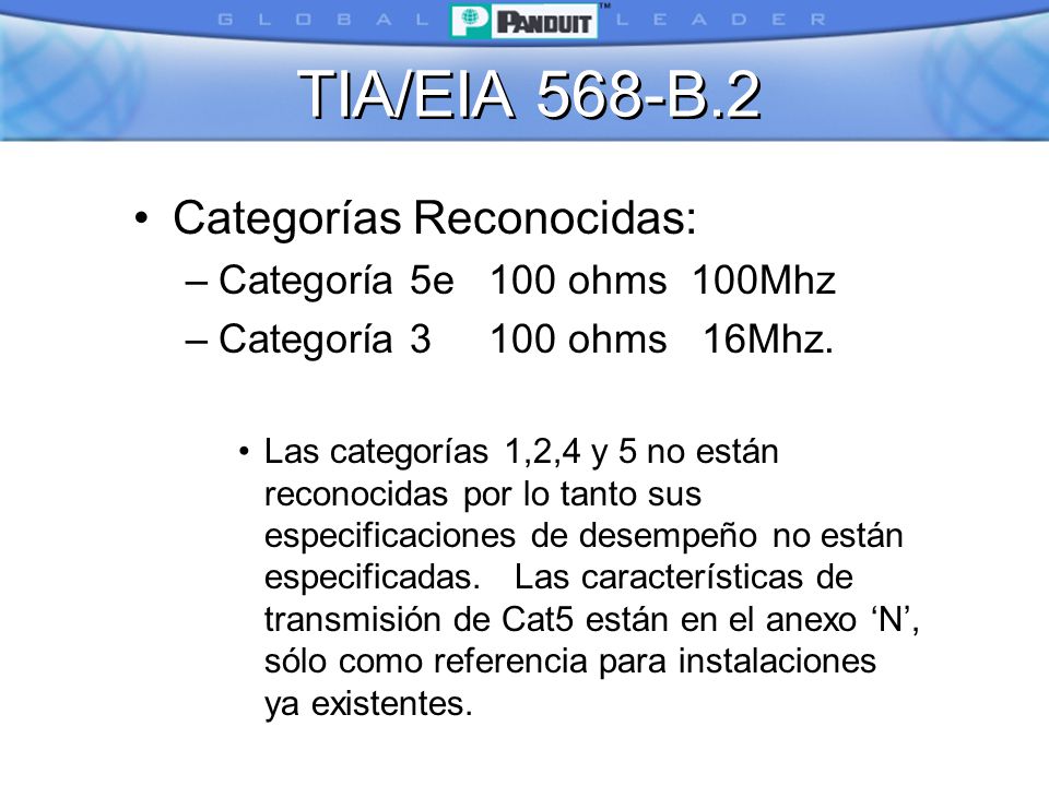 TIA/EIA 568-B.2 Categorías Reconocidas: Categoría 5e 100 ohms 100Mhz