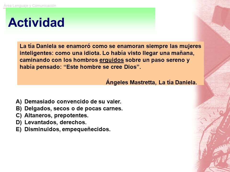 Actividad La tía Daniela se enamoró como se enamoran siempre las mujeres inteligentes: como una idiota. Lo había visto llegar una mañana,
