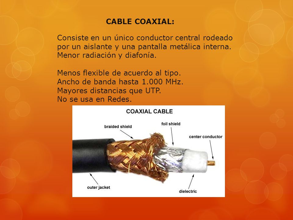 CABLE COAXIAL: Consiste en un único conductor central rodeado por un aislante y una pantalla metálica interna. Menor radiación y diafonía.