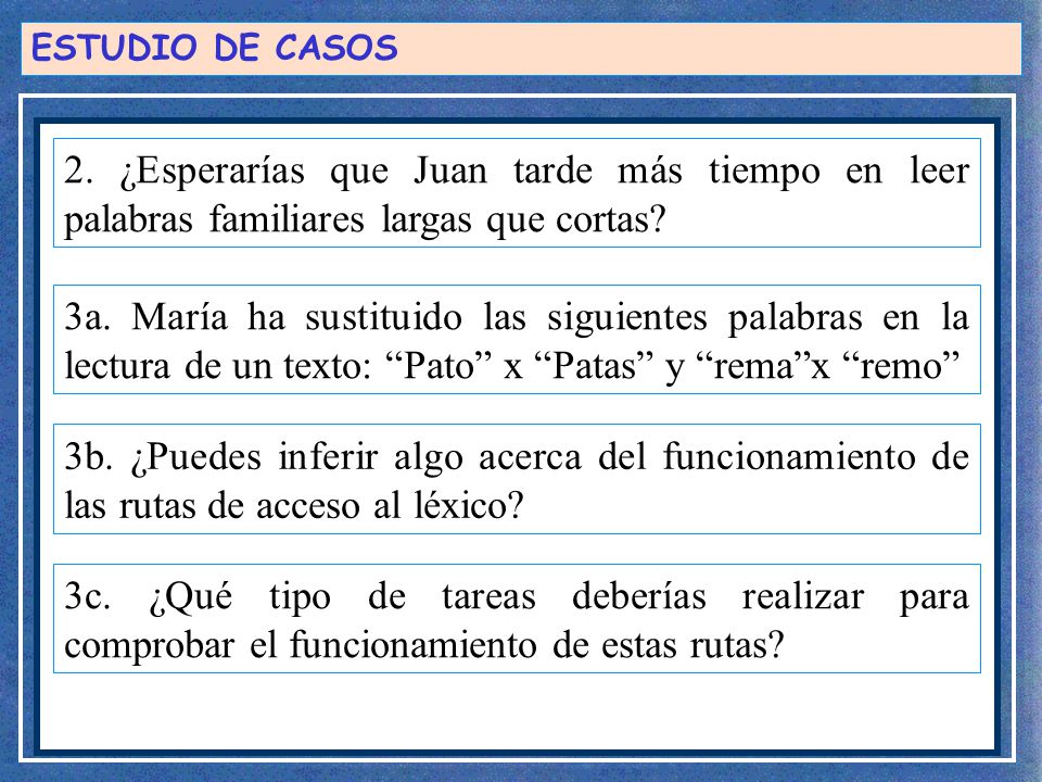 ESTUDIO DE CASOS 2. ¿Esperarías que Juan tarde más tiempo en leer palabras familiares largas que cortas