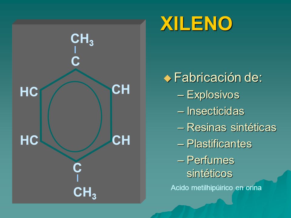 XILENO CH3 C Fabricación de: CH HC HC CH C CH3 Explosivos Insecticidas