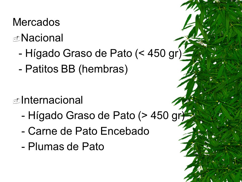 Mercados Nacional. - Hígado Graso de Pato (< 450 gr) - Patitos BB (hembras) Internacional. - Hígado Graso de Pato (> 450 gr)