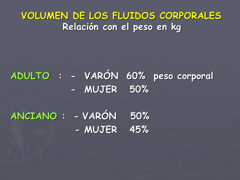 VOLUMEN DE LOS FLUIDOS CORPORALES Relación con el peso en kg