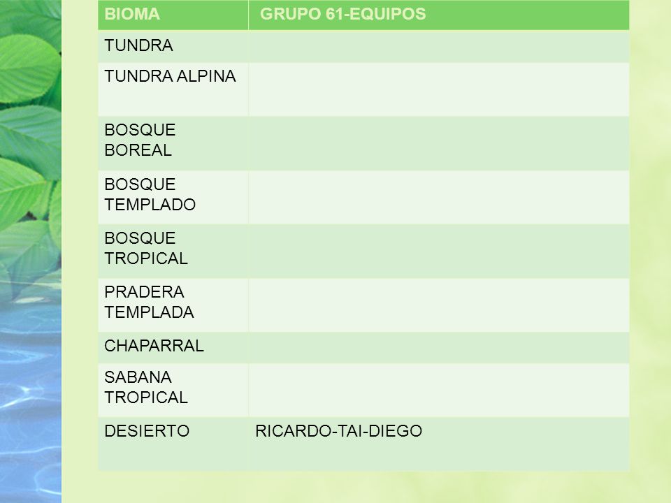 BIOMA GRUPO 61-EQUIPOS. TUNDRA. TUNDRA ALPINA. BOSQUE BOREAL. BOSQUE TEMPLADO. BOSQUE TROPICAL.