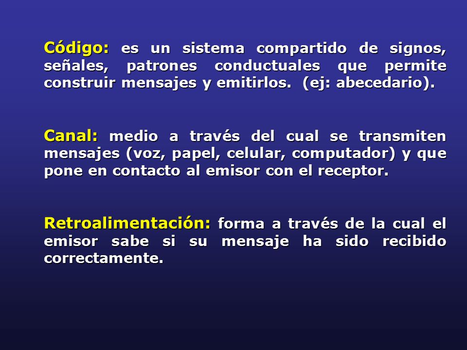 Código: es un sistema compartido de signos, señales, patrones conductuales que permite construir mensajes y emitirlos. (ej: abecedario).
