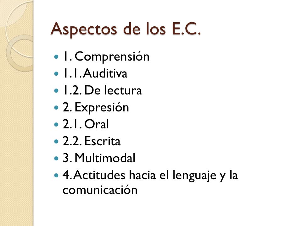 Aspectos de los E.C. 1. Comprensión 1.1. Auditiva 1.2. De lectura