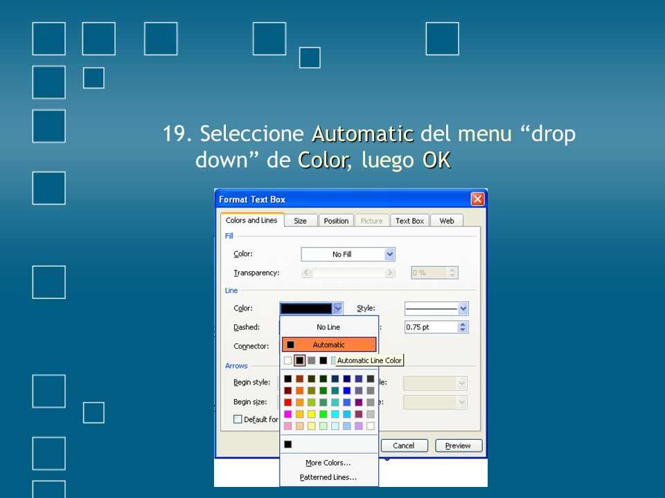 19. Seleccione Automatic del menu drop down de Color, luego OK