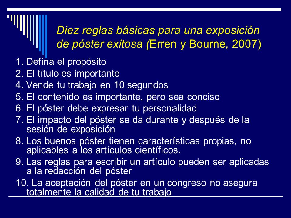Diez reglas básicas para una exposición de póster exitosa (Erren y Bourne, 2007)