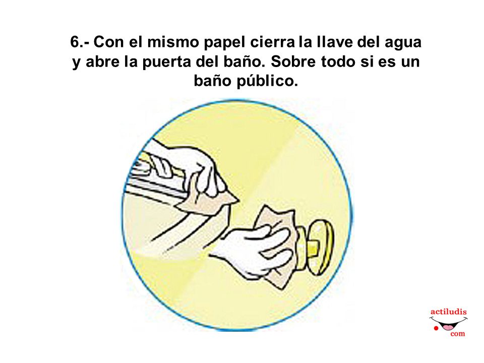 6.- Con el mismo papel cierra la llave del agua y abre la puerta del baño.
