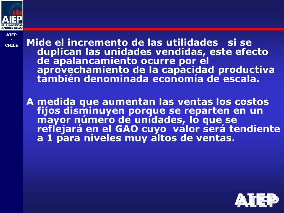 Mide el incremento de las utilidades si se duplican las unidades vendidas, este efecto de apalancamiento ocurre por el aprovechamiento de la capacidad productiva también denominada economía de escala.