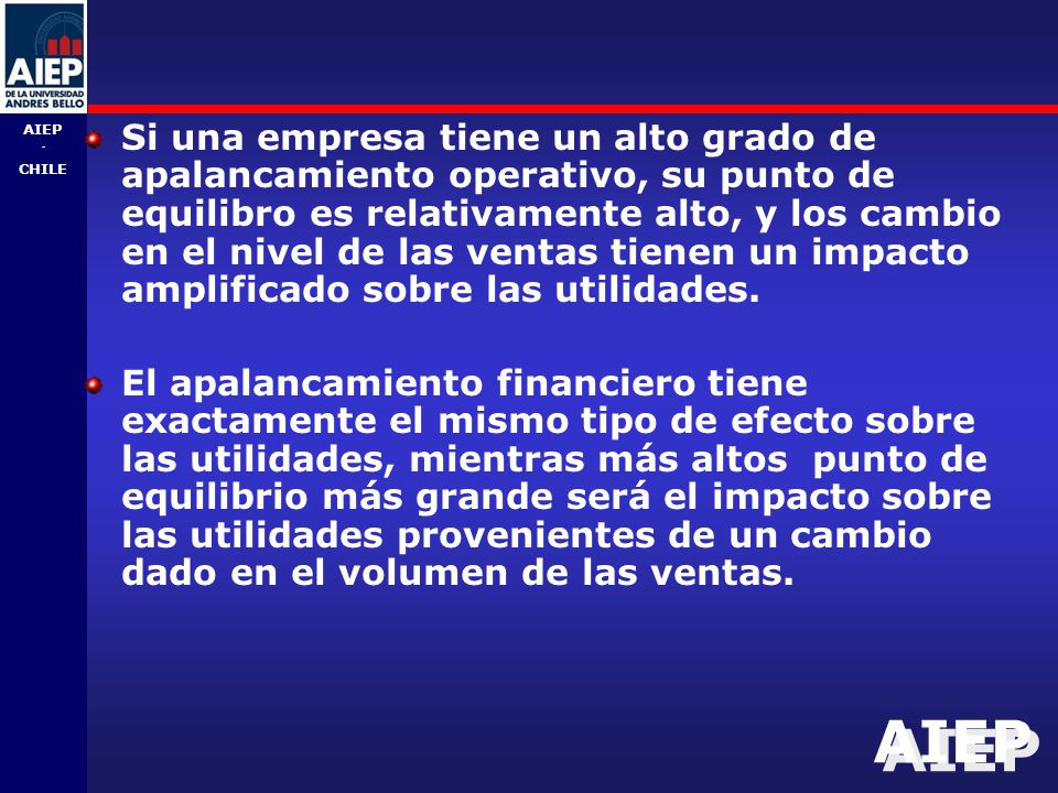 Si una empresa tiene un alto grado de apalancamiento operativo, su punto de equilibro es relativamente alto, y los cambio en el nivel de las ventas tienen un impacto amplificado sobre las utilidades.