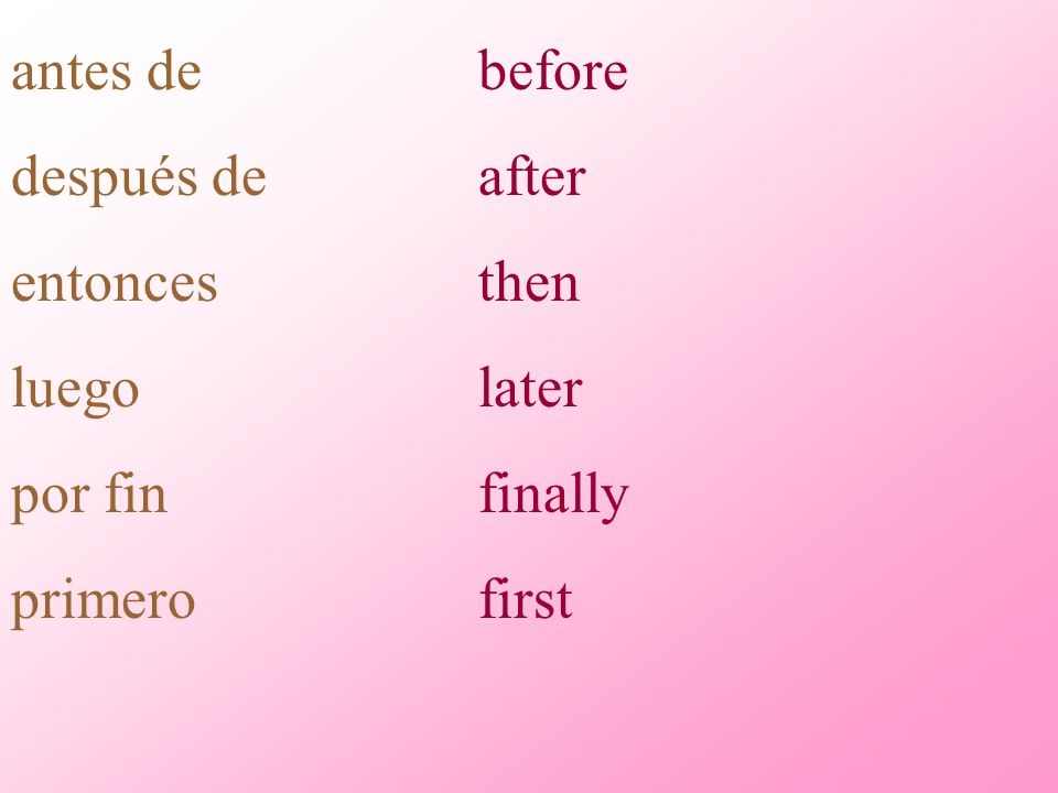 antes de después de entonces luego por fin primero before after then later finally first