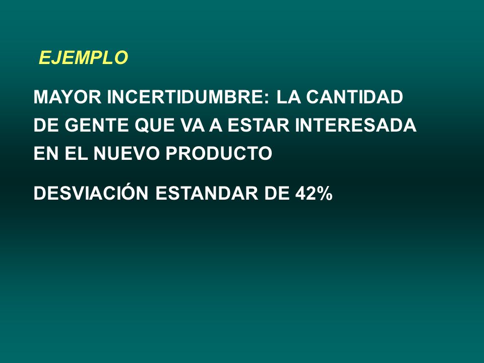 EJEMPLO MAYOR INCERTIDUMBRE: LA CANTIDAD DE GENTE QUE VA A ESTAR INTERESADA EN EL NUEVO PRODUCTO.
