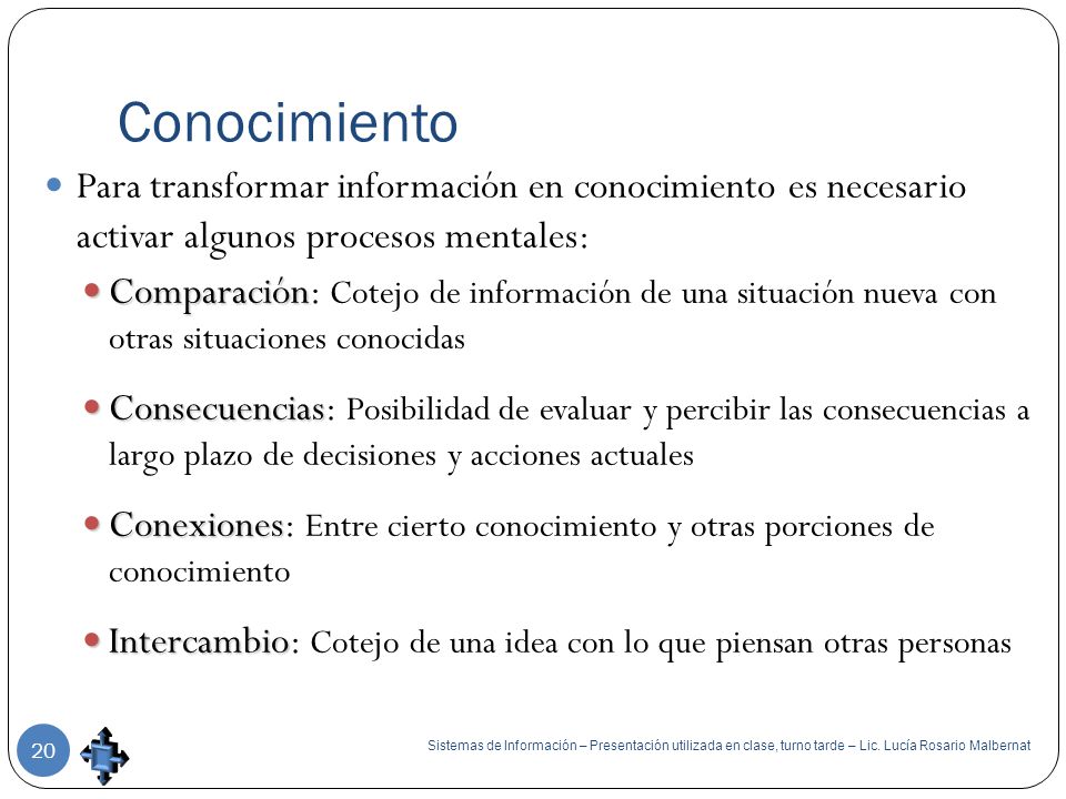 Conocimiento Para transformar información en conocimiento es necesario activar algunos procesos mentales: