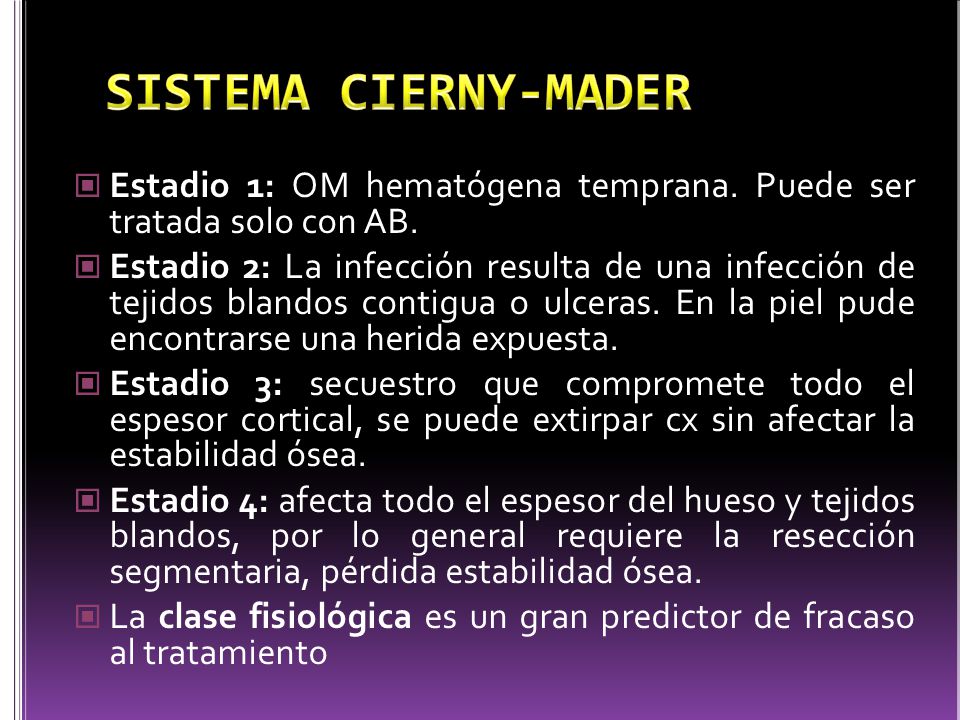 SISTEMA CIERNY-MADER Estadio 1: OM hematógena temprana. Puede ser tratada solo con AB.