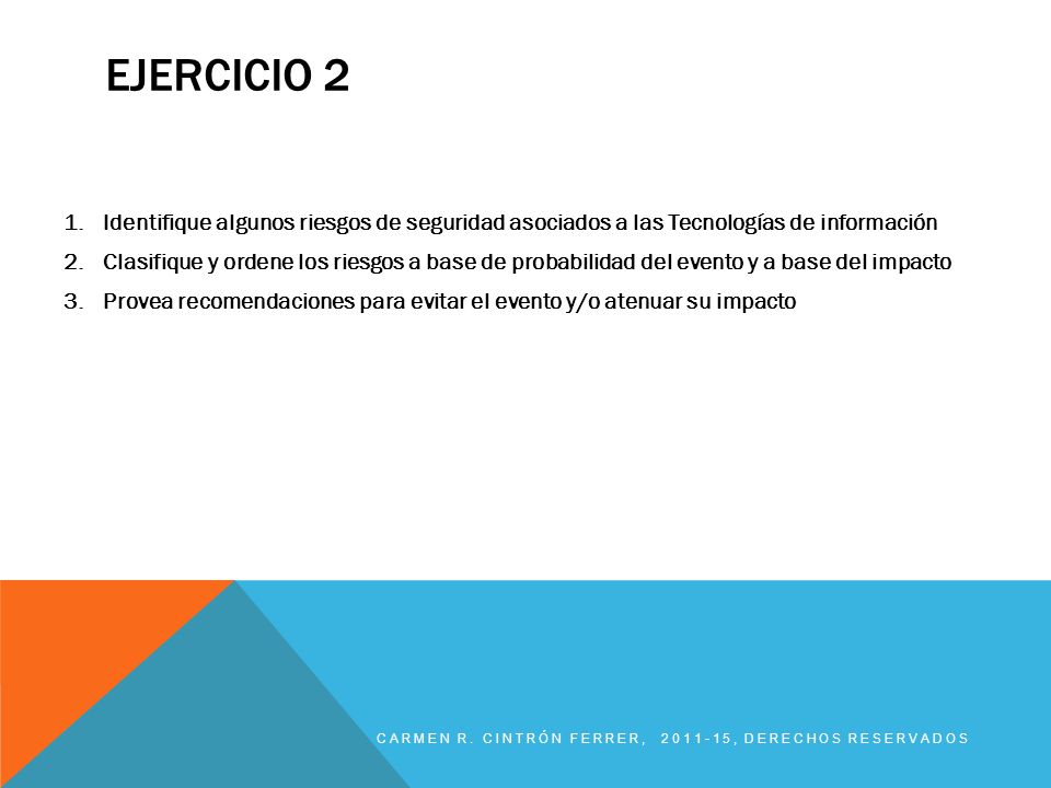 Ejercicio 2 Identifique algunos riesgos de seguridad asociados a las Tecnologías de información.