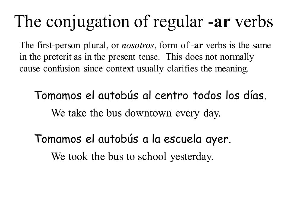 The conjugation of regular -ar verbs