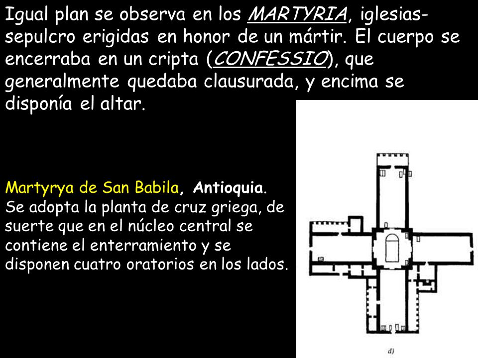 Igual plan se observa en los MARTYRIA, iglesias- sepulcro erigidas en honor de un mártir. El cuerpo se encerraba en un cripta (CONFESSIO), que generalmente quedaba clausurada, y encima se disponía el altar.