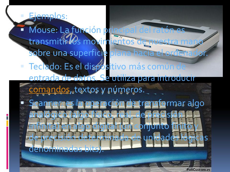 Ejemplos: Mouse: La función principal del ratón es transmitir los movimientos de nuestra mano sobre una superficie plana hacia el ordenador.