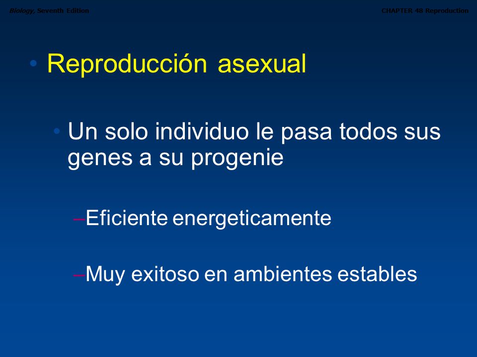Reproducción asexual Un solo individuo le pasa todos sus genes a su progenie. Eficiente energeticamente.