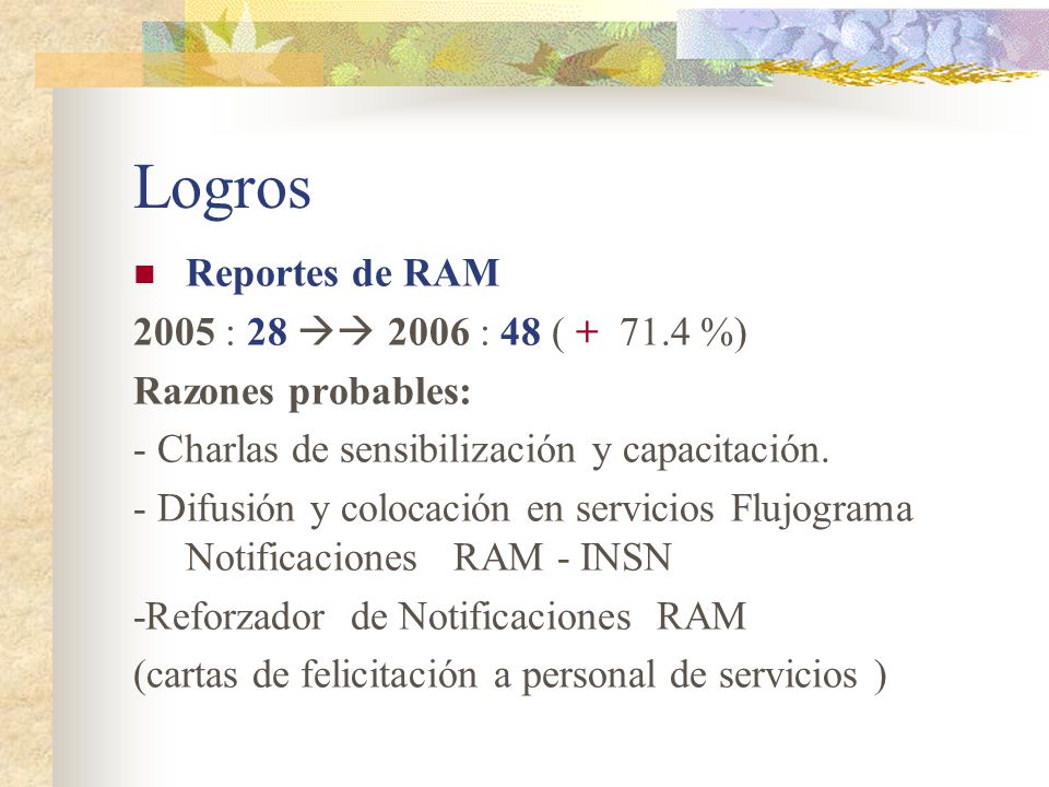 Logros Reportes de RAM 2005 : 28  2006 : 48 ( %)