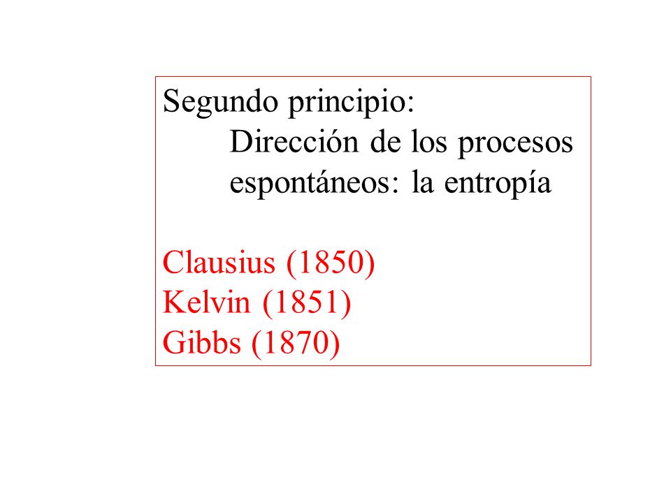 Segundo principio: Dirección de los procesos. espontáneos: la entropía. Clausius (1850) Kelvin (1851)