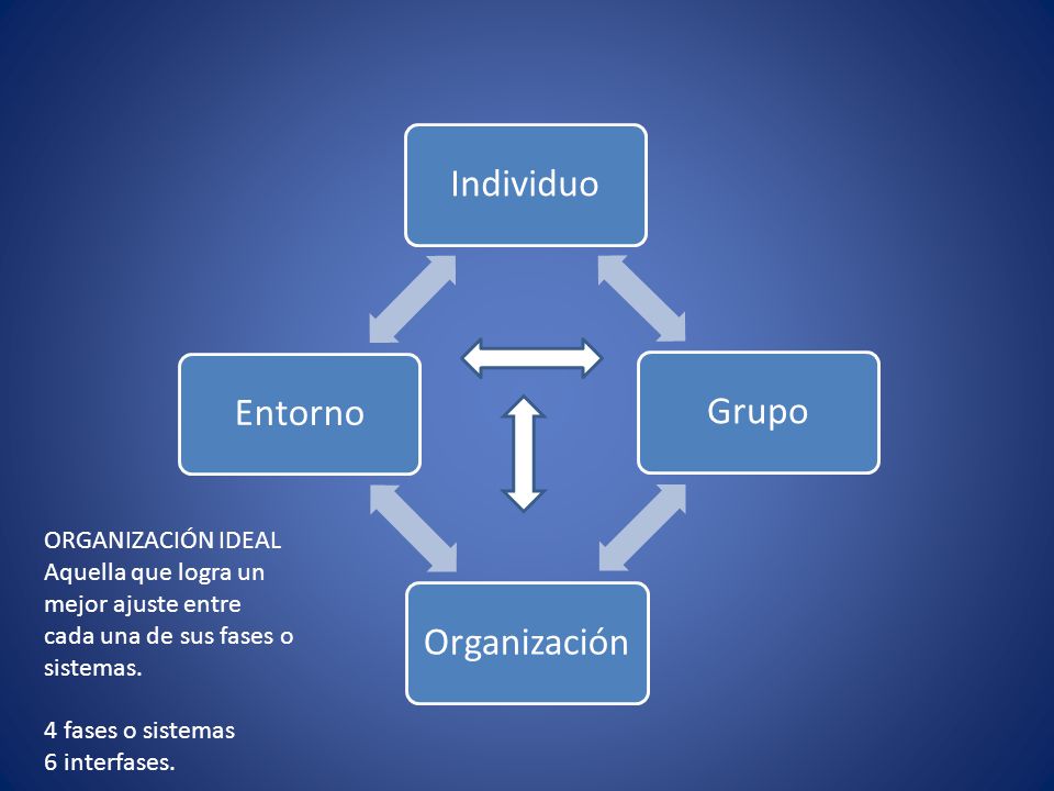 Individuo Grupo. Organización. Entorno. ORGANIZACIÓN IDEAL. Aquella que logra un mejor ajuste entre cada una de sus fases o sistemas.