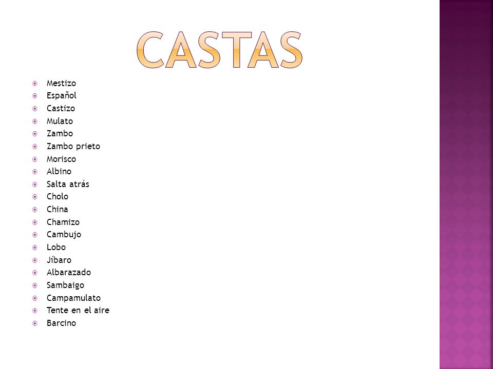 CASTAS Mestizo Español Castizo Mulato Zambo Zambo prieto Morisco