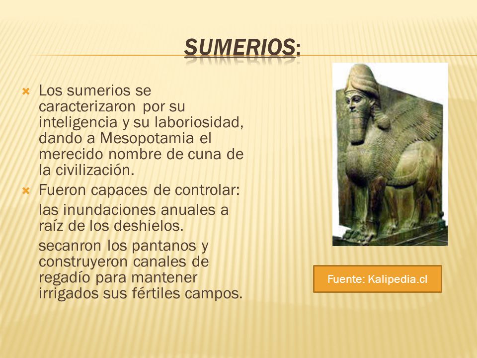 Sumerios: Los sumerios se caracterizaron por su inteligencia y su laboriosidad, dando a Mesopotamia el merecido nombre de cuna de la civilización.