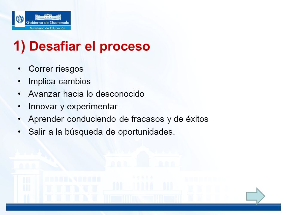 1) Desafiar el proceso Correr riesgos Implica cambios