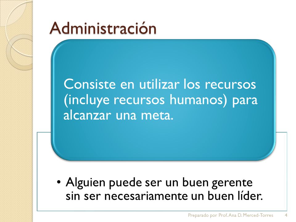 Administración Consiste en utilizar los recursos (incluye recursos humanos) para alcanzar una meta.
