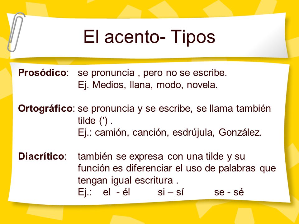 El acento- Tipos Prosódico: se pronuncia , pero no se escribe.