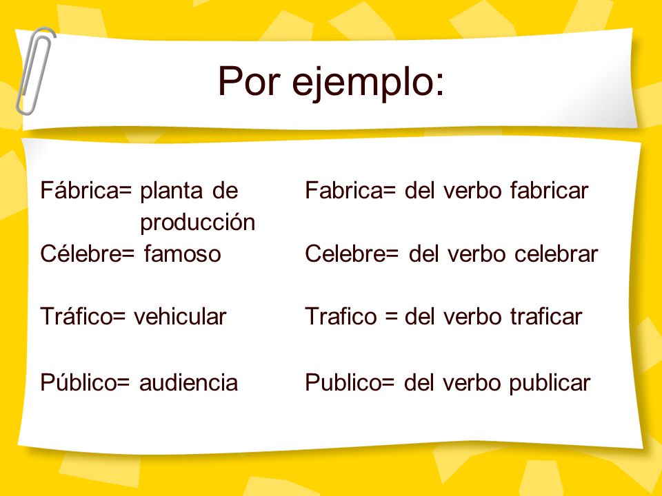Por ejemplo: Fábrica= planta de Fabrica= del verbo fabricar producción