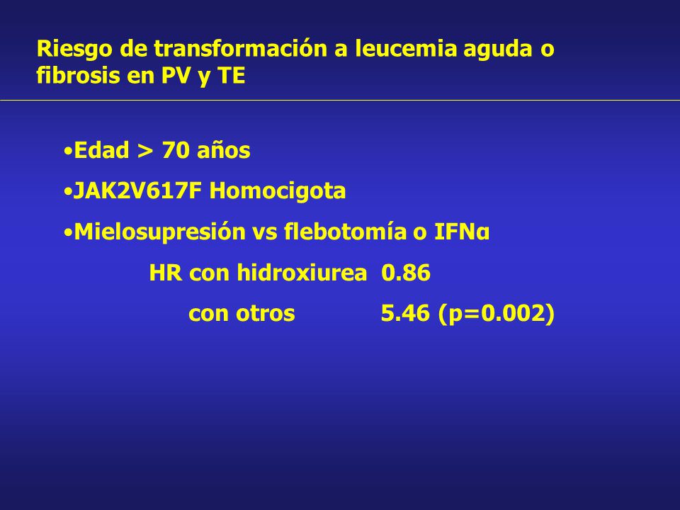 Riesgo de transformación a leucemia aguda o fibrosis en PV y TE