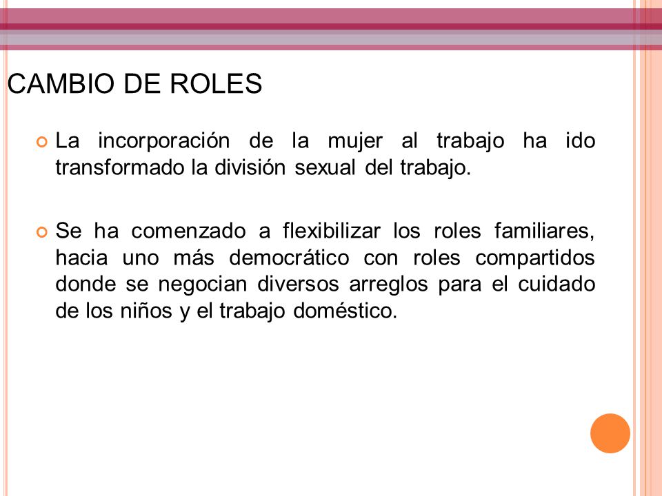 CAMBIO DE ROLES La incorporación de la mujer al trabajo ha ido transformado la división sexual del trabajo.
