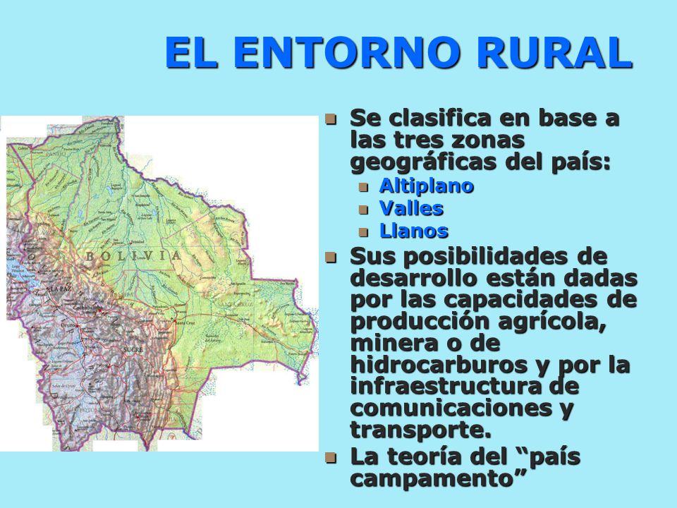EL ENTORNO RURAL Se clasifica en base a las tres zonas geográficas del país: Altiplano. Valles. Llanos.
