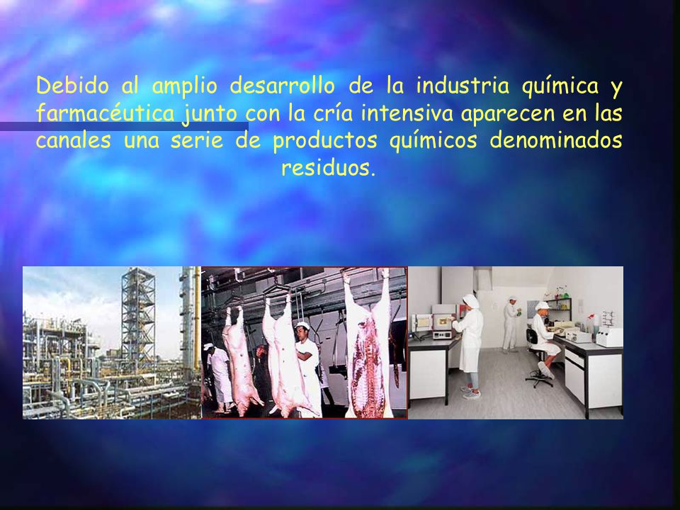 Debido al amplio desarrollo de la industria química y farmacéutica junto con la cría intensiva aparecen en las canales una serie de productos químicos denominados residuos.