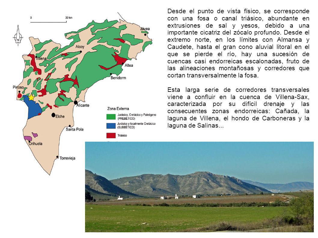 Desde el punto de vista físico, se corresponde con una fosa o canal triásico, abundante en extrusiones de sal y yesos, debido a una importante cicatriz del zócalo profundo. Desde el extremo norte, en los límites con Almansa y Caudete, hasta el gran cono aluvial litoral en el que se pierde el río, hay una sucesión de cuencas casi endorreicas escalonadas, fruto de las alineaciones montañosas y corredores que cortan transversalmente la fosa.
