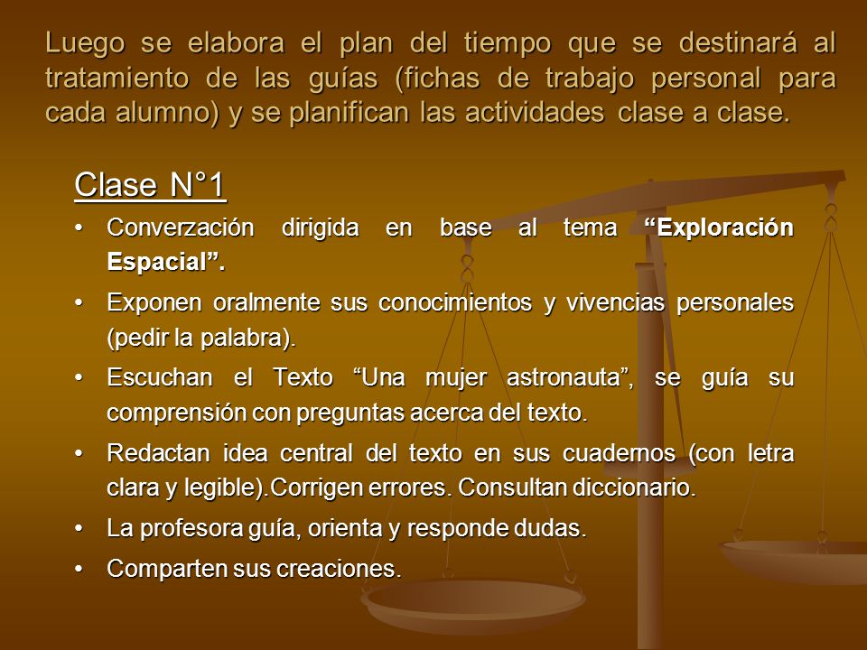 Luego se elabora el plan del tiempo que se destinará al tratamiento de las guías (fichas de trabajo personal para cada alumno) y se planifican las actividades clase a clase.