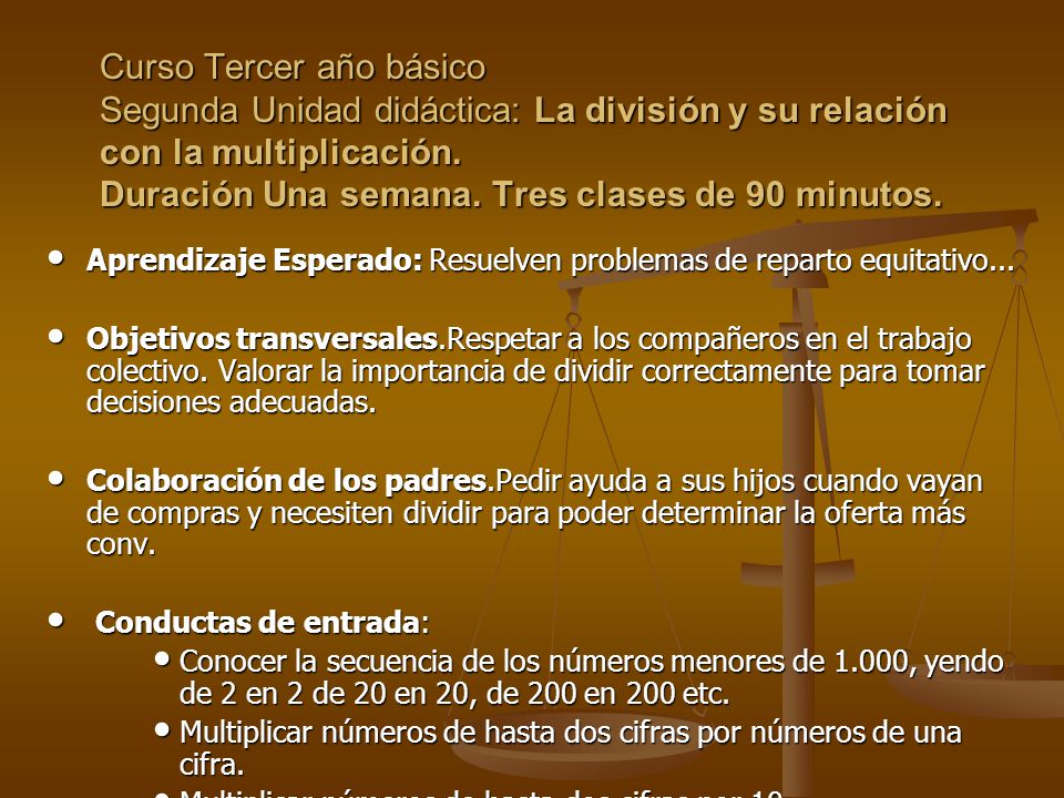 Curso Tercer año básico Segunda Unidad didáctica: La división y su relación con la multiplicación. Duración Una semana. Tres clases de 90 minutos.
