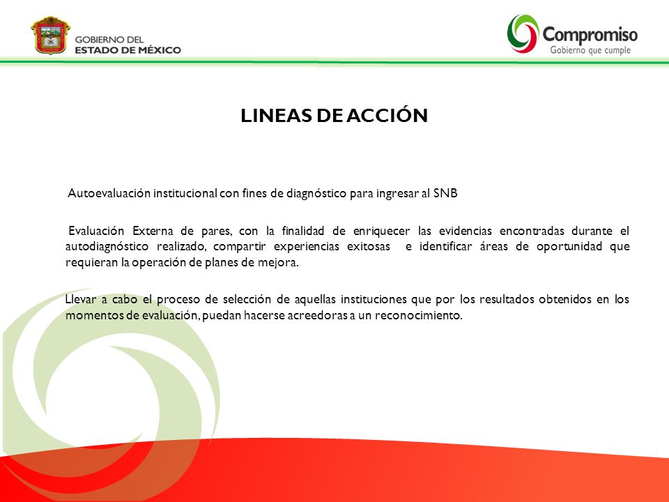 LINEAS DE ACCIÓN Autoevaluación institucional con fines de diagnóstico para ingresar al SNB.