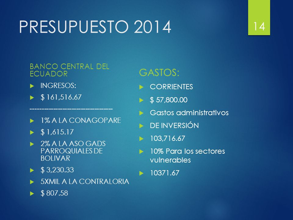 PRESUPUESTO 2014 GASTOS: BANCO CENTRAL DEL ECUADOR CORRIENTES