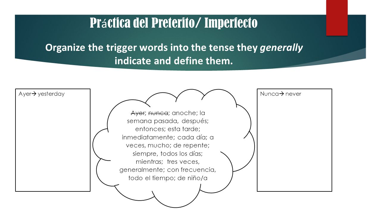Práctica del Preterito/ Imperfecto Organize the trigger words into the tense they generally indicate and define them.