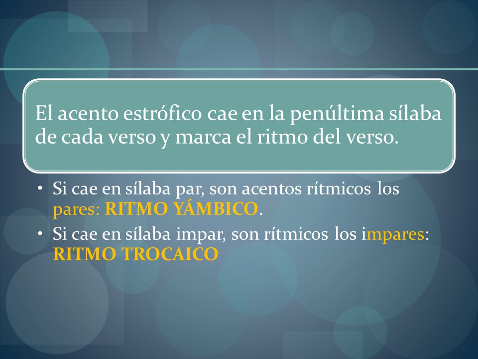 Si cae en sílaba par, son acentos rítmicos los pares: RITMO YÁMBICO.