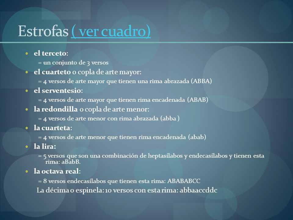 Estrofas ( ver cuadro) el terceto: el cuarteto o copla de arte mayor: