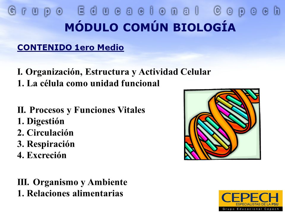 MÓDULO COMÚN BIOLOGÍA CONTENIDO 1ero Medio. I. Organización, Estructura y Actividad Celular 1. La célula como unidad funcional.