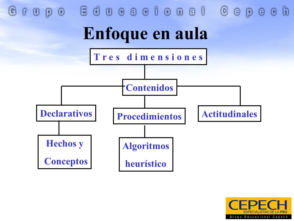 Enfoque en aula T r e s d i m e n s i o n e s Contenidos Declarativos
