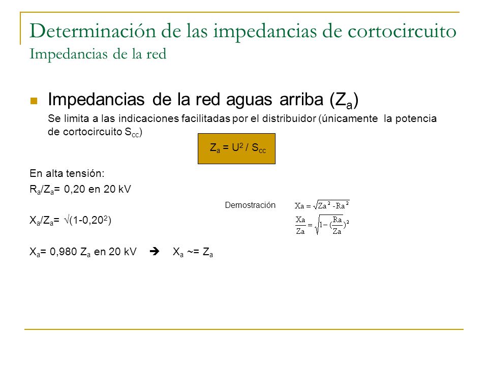 Determinación de las impedancias de cortocircuito Impedancias de la red