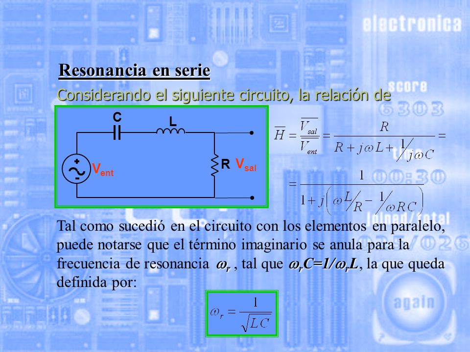 Resonancia en serie Considerando el siguiente circuito, la relación de voltajes es: R. C. L. Vent.
